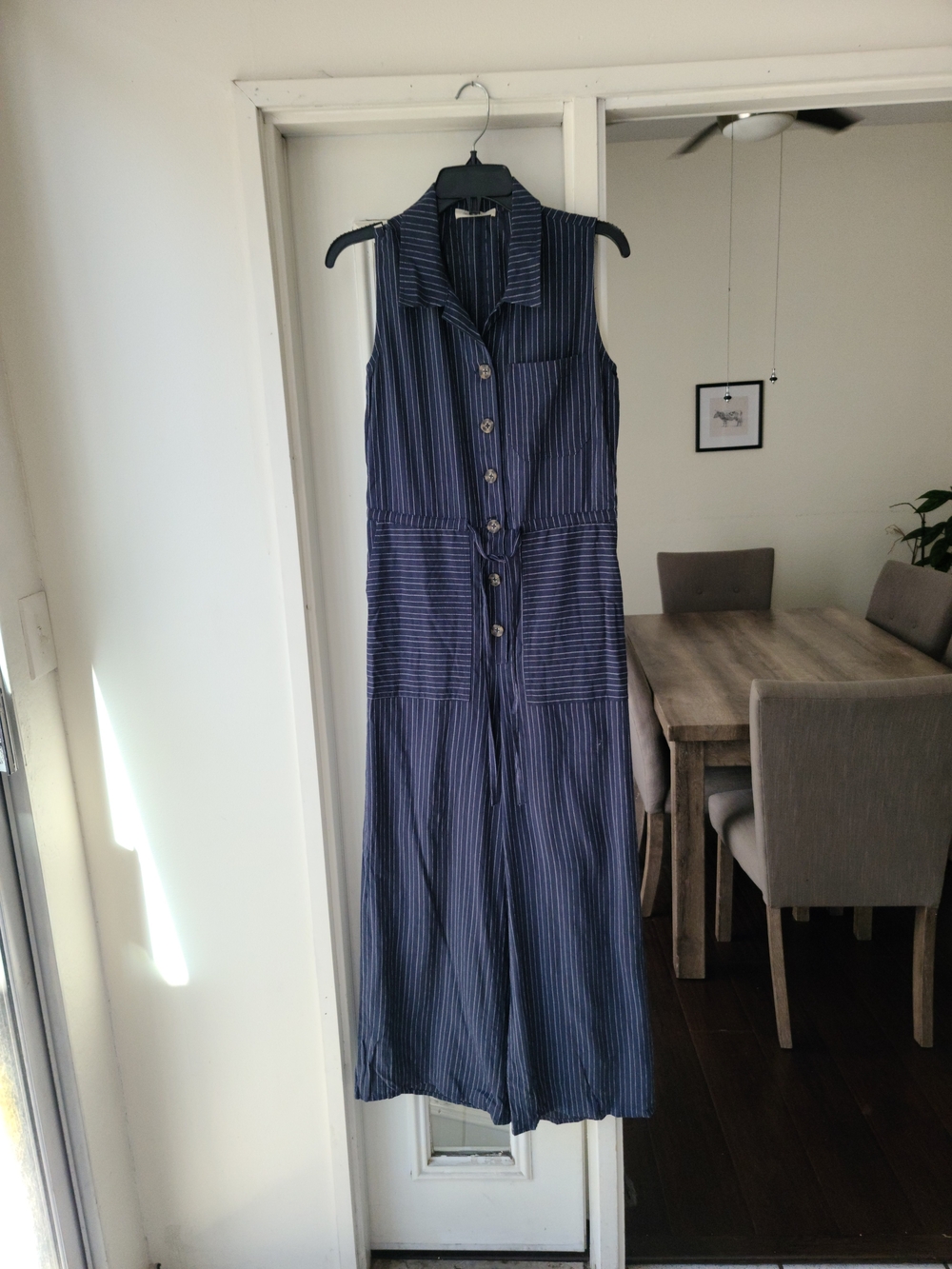 Sleeveless Navy Pinstripe Jumpsuit with Tie Waist